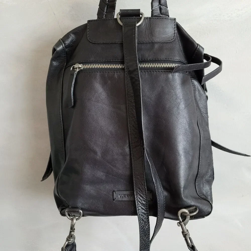 Lucky Brand Women's Black Leather Small Medium Backpack Purse Braided Hook Boho